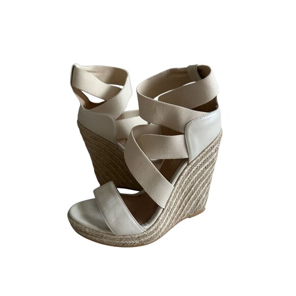 JEAN MICHEL CAZABAT Cream Leather Espadrille Wedges Sandals Size 37 - Picture 1 of 9